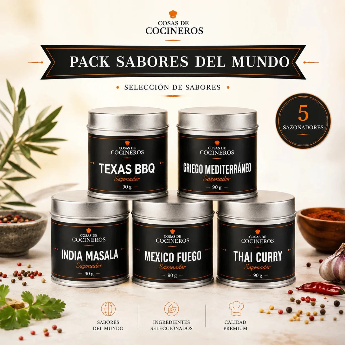 Pack Sabores del Mundo – 5 Sazonadores Internacionales - CosasDeCocineros